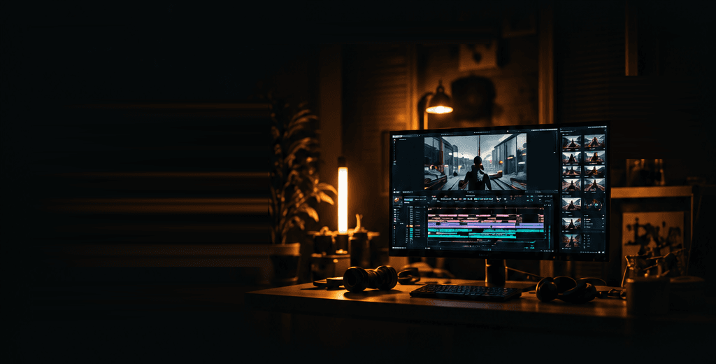 Joel's editing desk at night: a monitor showing an edit timeline, a desk lamp and headphones