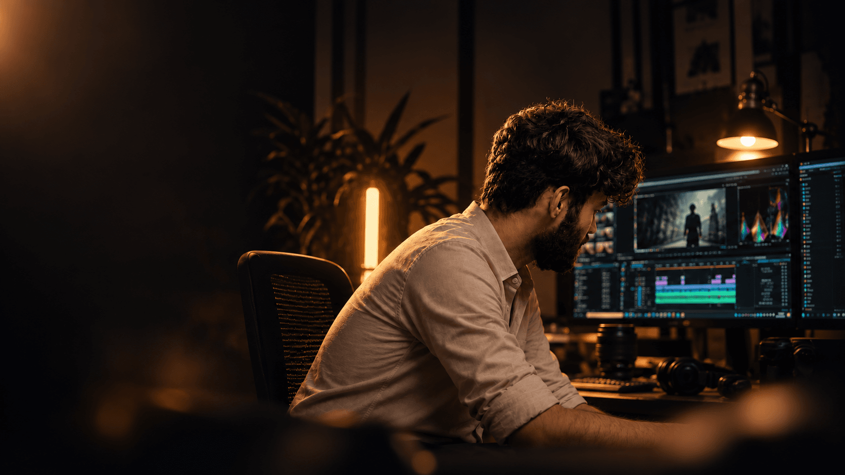 Joel at his editing desk, working on a film timeline